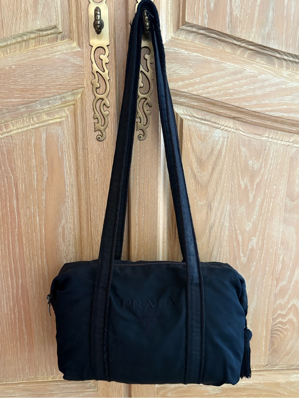 Prada Navy Blue Nylon Shoulder Bag with Long Straps Tassel Detail